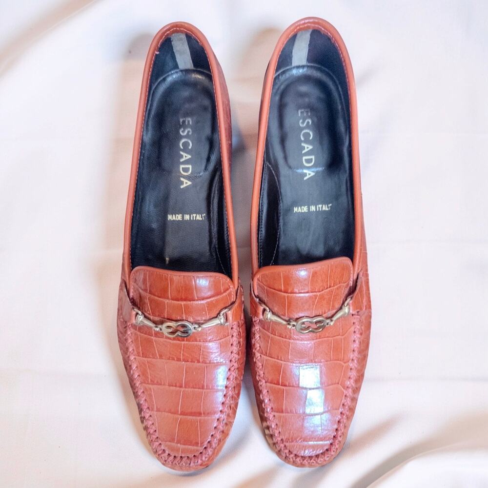 Vintage Escada Brown Croc Embossed Handsewn Moccasin Loafers EU 39.5